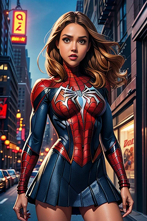 Jessica Alba、マーベルコミックの映画Poster、so beautiful、Movies about Spider-Man、sexy、whole body、Wearing a skirt、Premiere Date、Poster、belly buttonを突き出す、new york、She&#39;s wearing a ripped Spiderman suit、The suit is torn、Wearing a skirt、Red and black color scheme、dynamic、masterpiece、highest quality、Super detailed、Very detailed、Delicate and beautiful shine、Ultra-high resolution、Cinematic、break、breakドロップ、(Torn clothes:1.5)、(Wet clothes:1.4)、Bare shoulders、Real Rain、Wet Hair、belly button、Exposed Skin、sexyな肩を披露
