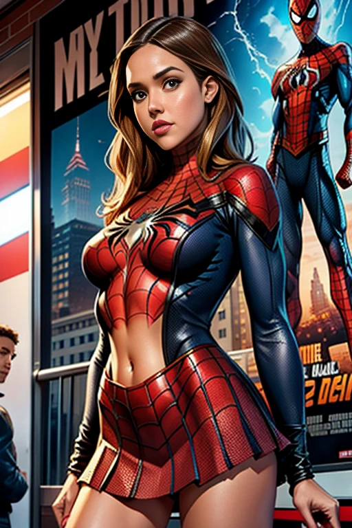 Jessica Alba、マーベルコミックの映画Poster、so beautiful、Movies about Spider-Man、sexy、whole body、Wearing a skirt、Premiere Date、Poster、belly buttonを突き出す、new york、She's wearing a ripped Spiderman suit、The suit is torn、Wearing a skirt、Red and black color scheme、dynamic、masterpiece、highest quality、Super detailed、Very detailed、Delicate and beautiful shine、Ultra-high resolution、Cinematic、break、breakドロップ、(Torn clothes:1.5)、(Wet clothes:1.4)、Bare shoulders、Real Rain、Wet Hair、belly button、Exposed Skin、sexyな肩を披露