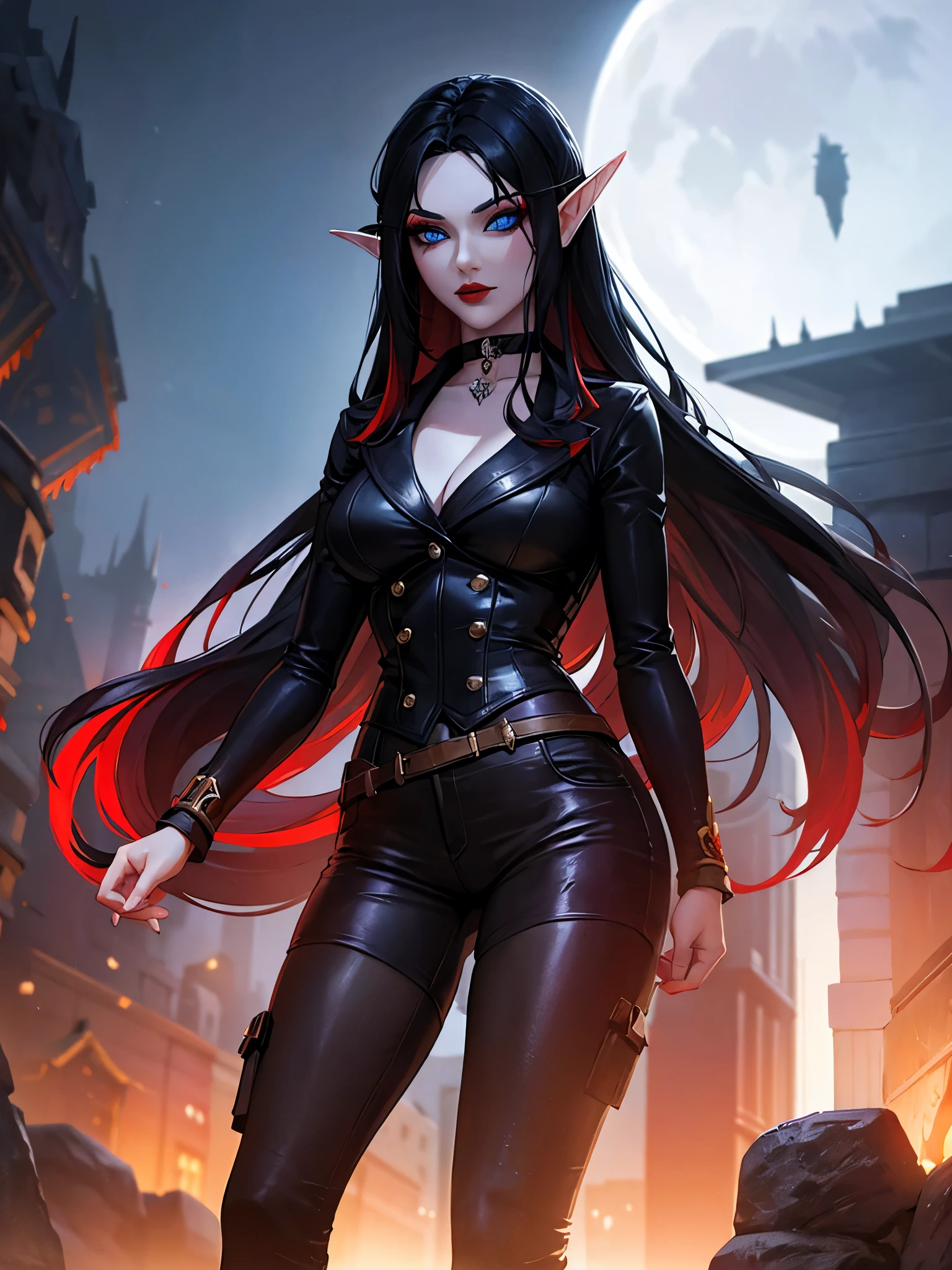 female elf, long black hair, blue eyes, black gothic choker, red jacket, black shirt, red lips, black makeup. A detailed eye. City at night background. full moon.