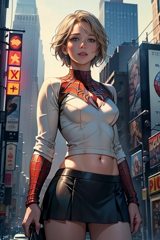 Jennifer Lawrence、マーベルコミックの映画Poster、so beautiful、Movies about Spider-Man、sexy、whole body、Wearing a skirt、Premiere Date、Poster、belly buttonを突き出す、new york、She's wearing a ripped Spiderman suit、The suit is torn、Wearing a skirt、Red and black color scheme、dynamic、masterpiece、highest quality、Super detailed、Very detailed、Delicate and beautiful shine、Ultra-high resolution、Cinematic、break、breakドロップ、(Torn clothes:1.5)、(Wet clothes:1.4)、Bare shoulders、Real Rain、Wet Hair、belly button、Exposed Skin、sexyな肩を披露