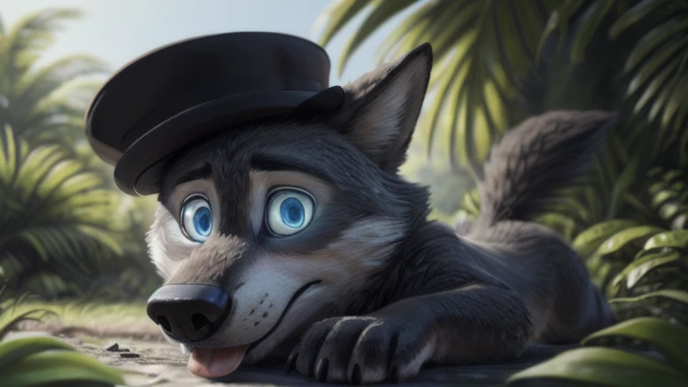 cute cartoon of a (gary \(zootopia\)) solo, wolf, gray fur, tongue out, hypnotized with completely spyral glowing blue eyes with no irises or pupils, naked, porn, big penis, big paws, big cock, using a black bowler hat 19th century, marching on all fours, BREAK, jungle background, (intricate, high detail, film photography, soft focus, RAW candid cinema, photorealism, realistic, photorealistic, analog style, subsurface scattering, masterpiece, best quality, ultra realistic, 8k), profile picture