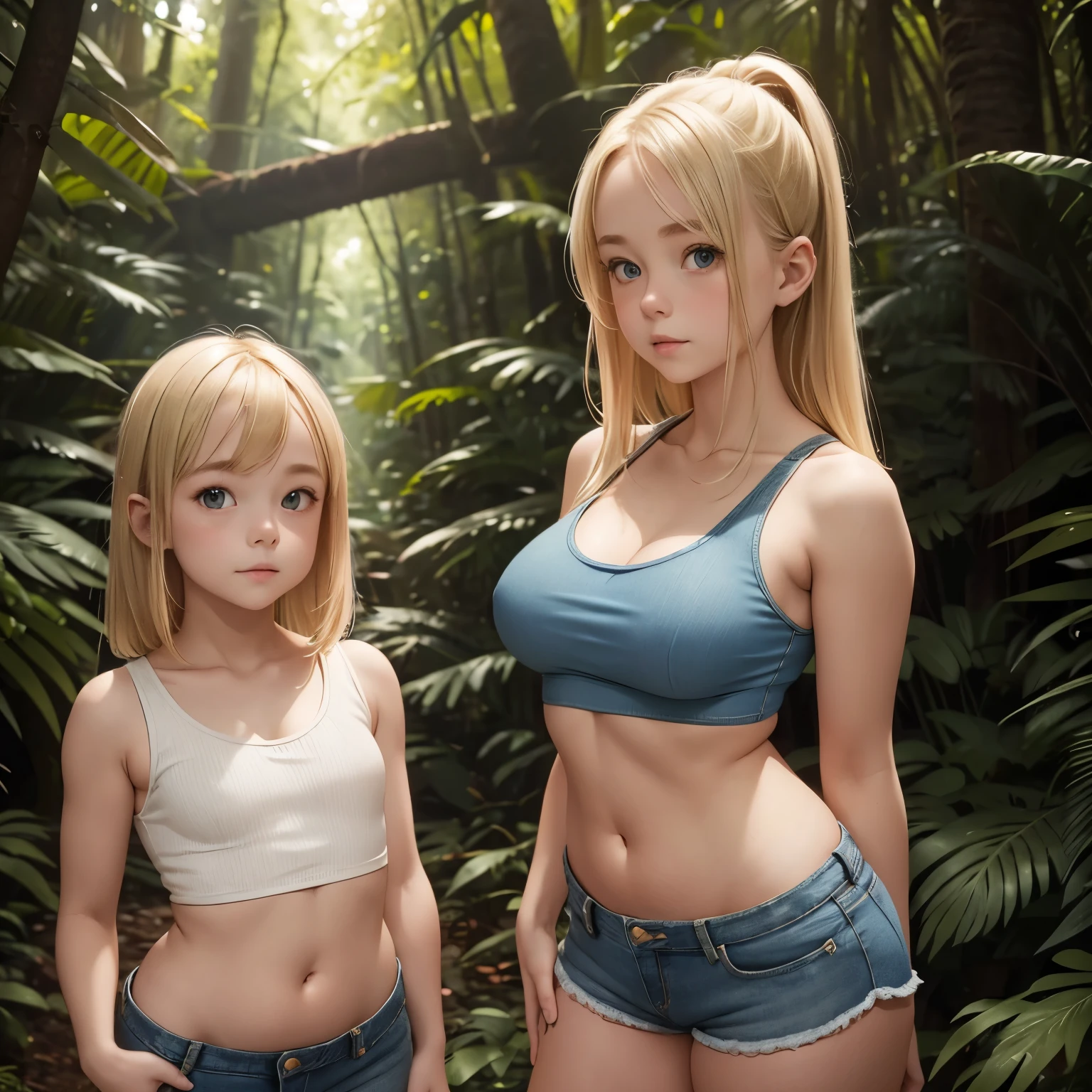 young blonde girl, wearing tiny denim shorts and tiny tight tank top, posing for photo in forest, ((flat and straight small breasts)), thick body, thick hips, very thick legs, fat and swollen thighs, very pale skin, pokies