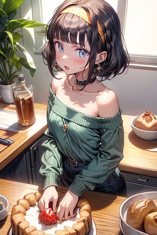 (small breasts:1.3), (perky chest:1.1), (pointed chest:1.0), (Pudding cake magazine cover:1.3),(from above:1.0),(from side:0.9),masterpiece, 1girl, Amazing Cleavage:1.1, thin waist, big ass, Raised sexy, small breast: 1.3, posed cleavage:1.2、solo, open mouth, have a cute grass of cute beergrass,black hair, dark green eyes, dress, bare shoulders, jewelry, collarbone, sidelocks, hairband, earrings, indoors, off shoulder, sweater, arms behind back, plant, short hair with long locks, gild hairband, sweater dress:1.2, off-shoulder sweater, red sweater, dark gord hair, big side hair, very long side hair,is rendered in (masterpiece: 1.2, best quality), with (ultra high resolution) and an exquisite (depth of field). This masterpiece is not only visually stunning but also tells,A scene of cooking in the kitchen by classroom ,looking at viewer,