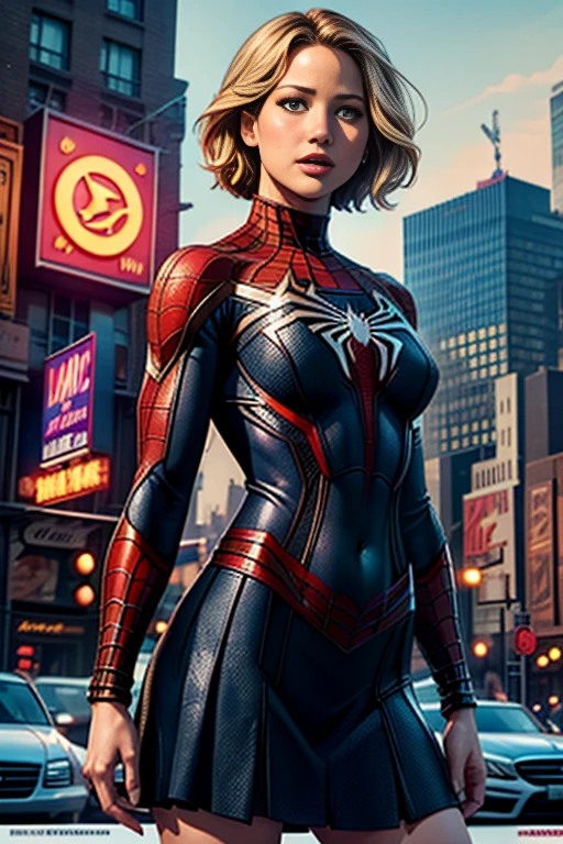 Jennifer Lawrence、マーベルコミックの映画Poster、so beautiful、Movies about Spider-Man、sexy、whole body、Wearing a skirt、Premiere Date、Poster、belly buttonを突き出す、new york、She&#39;s wearing a ripped Spiderman suit、The suit is torn、Wearing a skirt、Red and black color scheme、dynamic、masterpiece、highest quality、Super detailed、Very detailed、Delicate and beautiful shine、Ultra-high resolution、Cinematic、break、breakドロップ、(Torn clothes:1.5)、(Wet clothes:1.4)、Bare shoulders、Real Rain、Wet Hair、belly button、Exposed Skin、sexyな肩を披露