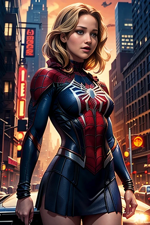 Jennifer Lawrence、マーベルコミックの映画Poster、so beautiful、Movies about Spider-Man、sexy、whole body、Wearing a skirt、Premiere Date、Poster、belly buttonを突き出す、new york、She&#39;s wearing a ripped Spiderman suit、The suit is torn、Wearing a skirt、Red and black color scheme、dynamic、masterpiece、highest quality、Super detailed、Very detailed、Delicate and beautiful shine、Ultra-high resolution、Cinematic、break、breakドロップ、(Torn clothes:1.5)、(Wet clothes:1.4)、Bare shoulders、Real Rain、Wet Hair、belly button、Exposed Skin、sexyな肩を披露