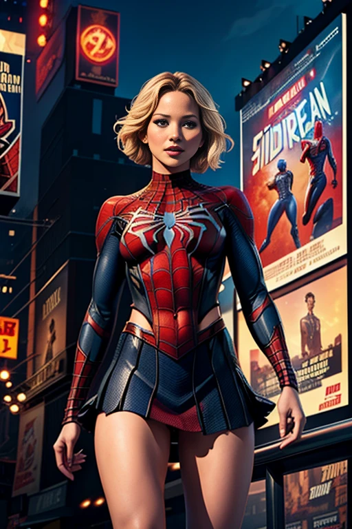 Jennifer Lawrence、マーベルコミックの映画Poster、so beautiful、Movies about Spider-Man、sexy、whole body、Wearing a skirt、Premiere Date、Poster、belly buttonを突き出す、new york、She&#39;s wearing a ripped Spiderman suit、The suit is torn、Wearing a skirt、Red and black color scheme、dynamic、masterpiece、highest quality、Super detailed、Very detailed、Delicate and beautiful shine、Ultra-high resolution、Cinematic、break、breakドロップ、(Torn clothes:1.5)、(Wet clothes:1.4)、Bare shoulders、Real Rain、Wet Hair、belly button、Exposed Skin、sexyな肩を披露