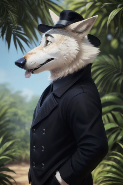 cute cartoon of a (gary \(zootopia\)) using a black bowler hat 19th century, wearing black worker uniform, solo, wolf, white fur, tongue out, big cock, porn, full body image, BREAK, jungle background, (intricate, high detail, film photography, soft focus, RAW candid cinema, photorealism, realistic, photorealistic, analog style, subsurface scattering, masterpiece, best quality, ultra realistic, 8k), profile picture