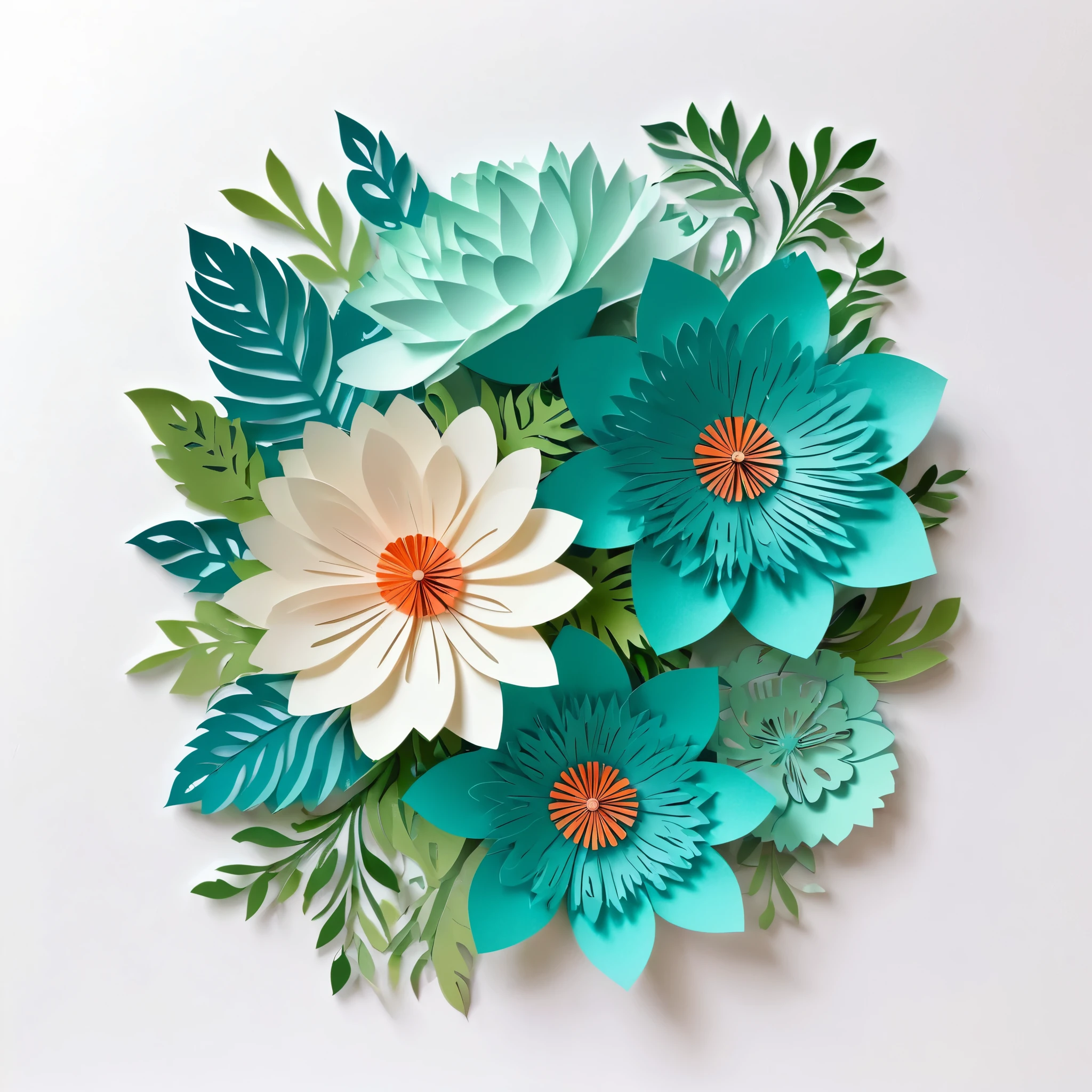 Design illustration of flowers bouquet, on a white background, centered in the scene, flowers with vegetation,frontal view, layeres paper design, kirigami style, detailed folds, color palette: Cerulean, verdigris, #FDFCDC, #FED9B7 and #F07167, natural light, masterful craft, intrincated,4k, sharp focus, perfect paperfold, white background