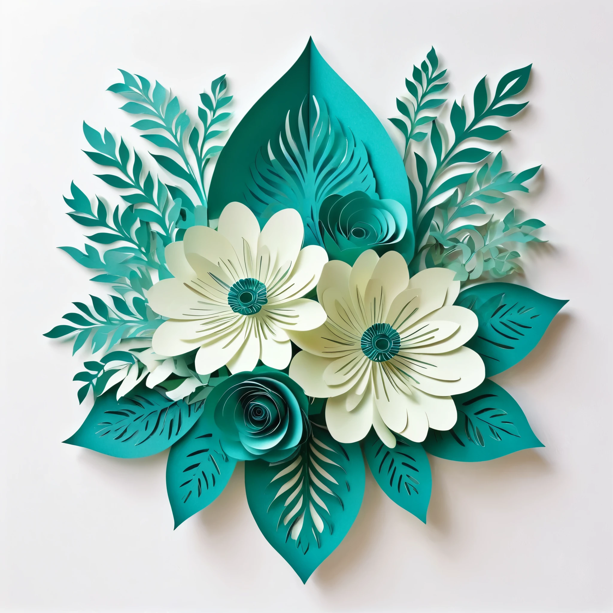 Design illustration of flowers bouquet, on a white background, centered in the scene, flowers with vegetation,frontal view, layeres paper design, kirigami style, detailed folds, color palette: Cerulean, verdigris, #FDFCDC, #FED9B7 and #F07167, natural light, masterful craft, intrincated,4k, sharp focus, perfect paperfold, white background 