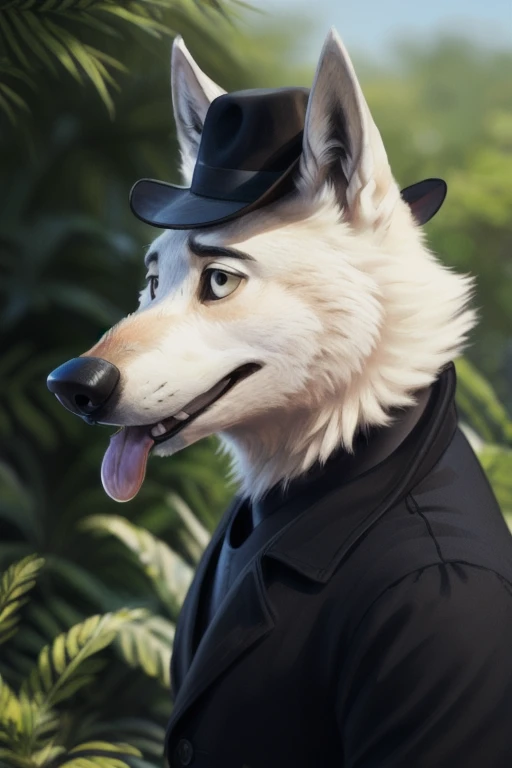 cute cartoon of a (gary \(zootopia\)) using a small black bowler hat 19th century, wearing black worker uniform, solo, wolf, white fur, tongue out, big cock, porn, full body image, BREAK, jungle background, (intricate, high detail, film photography, soft focus, RAW candid cinema, photorealism, realistic, photorealistic, analog style, subsurface scattering, masterpiece, best quality, ultra realistic, 8k), profile picture