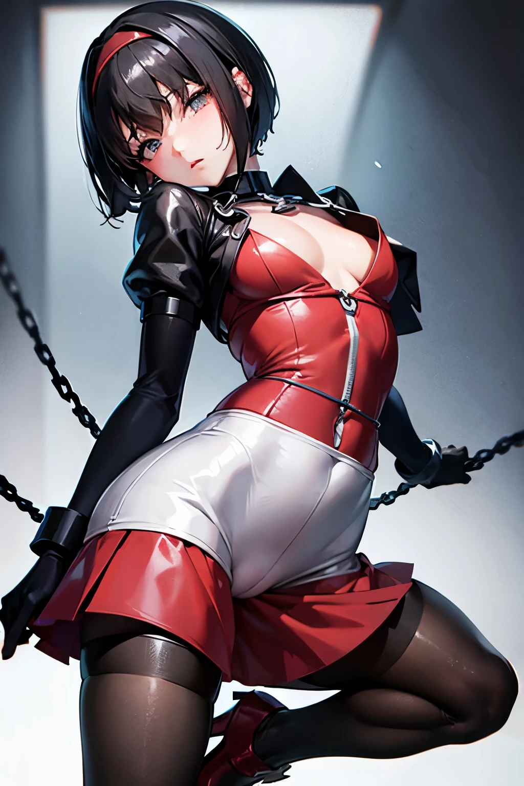 Erica、Pokémon、Black Hair、Short Hair、((pantyhose))、Photo from below、Medium chest、Jail、One girl、((Bondage))、(Long gloves)、(first round)、(Chained)