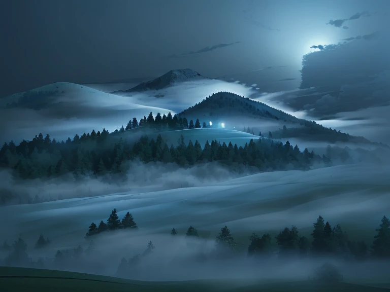 remote uninhabited natural landscape at midnight, lush hill, (midnight), (night time lighting), heavy fog rolling down the hillside,