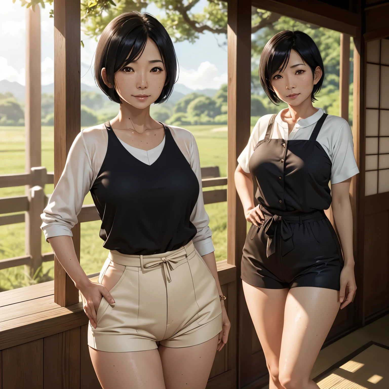 Japanese, mature woman, milf, black hair, short hair, farmer outfit, , thin waist, thin legs, skinny legs, slim body, small breasts, saggy breasts, sunny day, rice plantation, cinematic lighting, sweaty body , freckles on cheeks, wrinkles