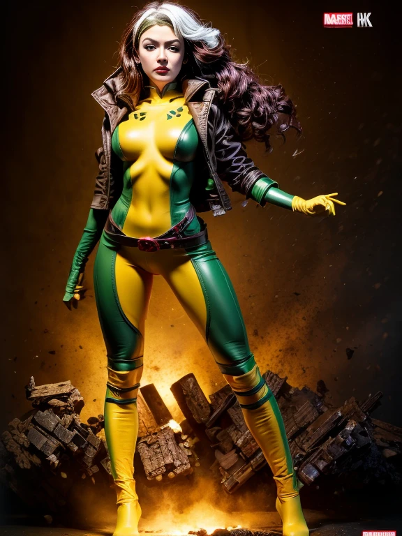 Yvonne Strahovski、masterpiece、High quality 4K、villain (X-Men)、Gothic Girl、Sculpted Body Gothic Makeup、Brown jacket、Yellow and green bodysuit、masterpiece、highest quality、Cowboy Shots、one personの女の子、one person、Technology Military Bodysuit、fringe