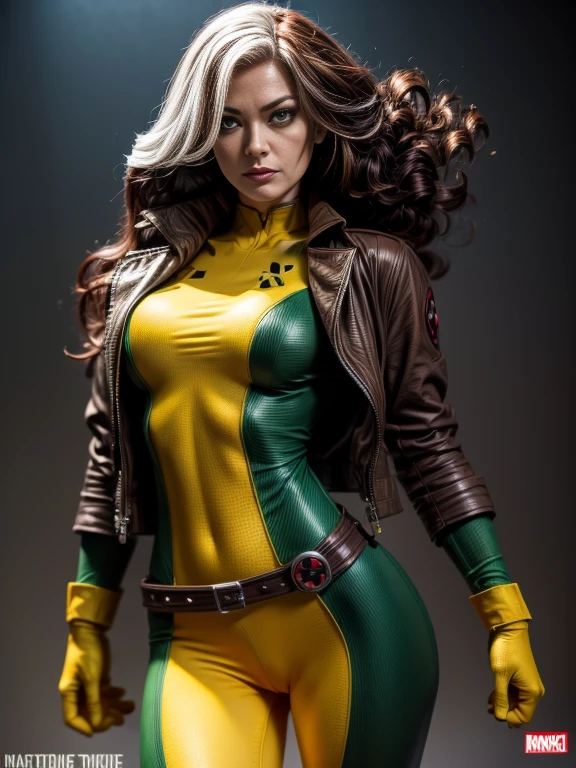 Yvonne Strahovski、masterpiece、High quality 4K、villain (X-Men)、Gothic Girl、Sculpted Body Gothic Makeup、Brown jacket、Yellow and green bodysuit、masterpiece、highest quality、Cowboy Shots、one personの女の子、one person、Technology Military Bodysuit、fringe
