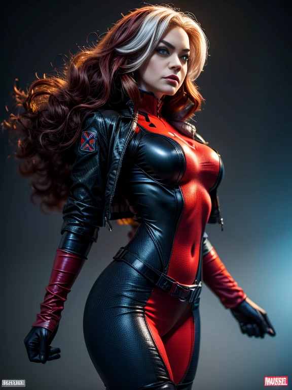 Yvonne Strahovski、masterpiece、High quality 4K、villain (X-Men)、Gothic Girl、Sculpted Body Gothic Makeup、Black jacket、Red and blue bodysuit、masterpiece、highest quality、Cowboy Shots、one personの女の子、one person、Technology Military Bodysuit、fringe