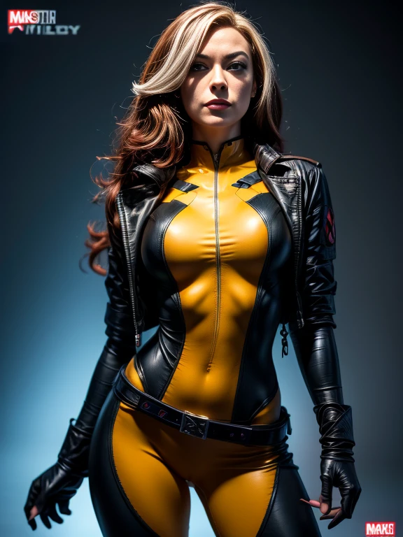 Yvonne Strahovski、masterpiece、High quality 4K、villain (X-Men)、Gothic Girl、Sculpted Body Gothic Makeup、Black jacket、Red and blue bodysuit、masterpiece、highest quality、Cowboy Shots、one personの女の子、one person、Technology Military Bodysuit、fringe
