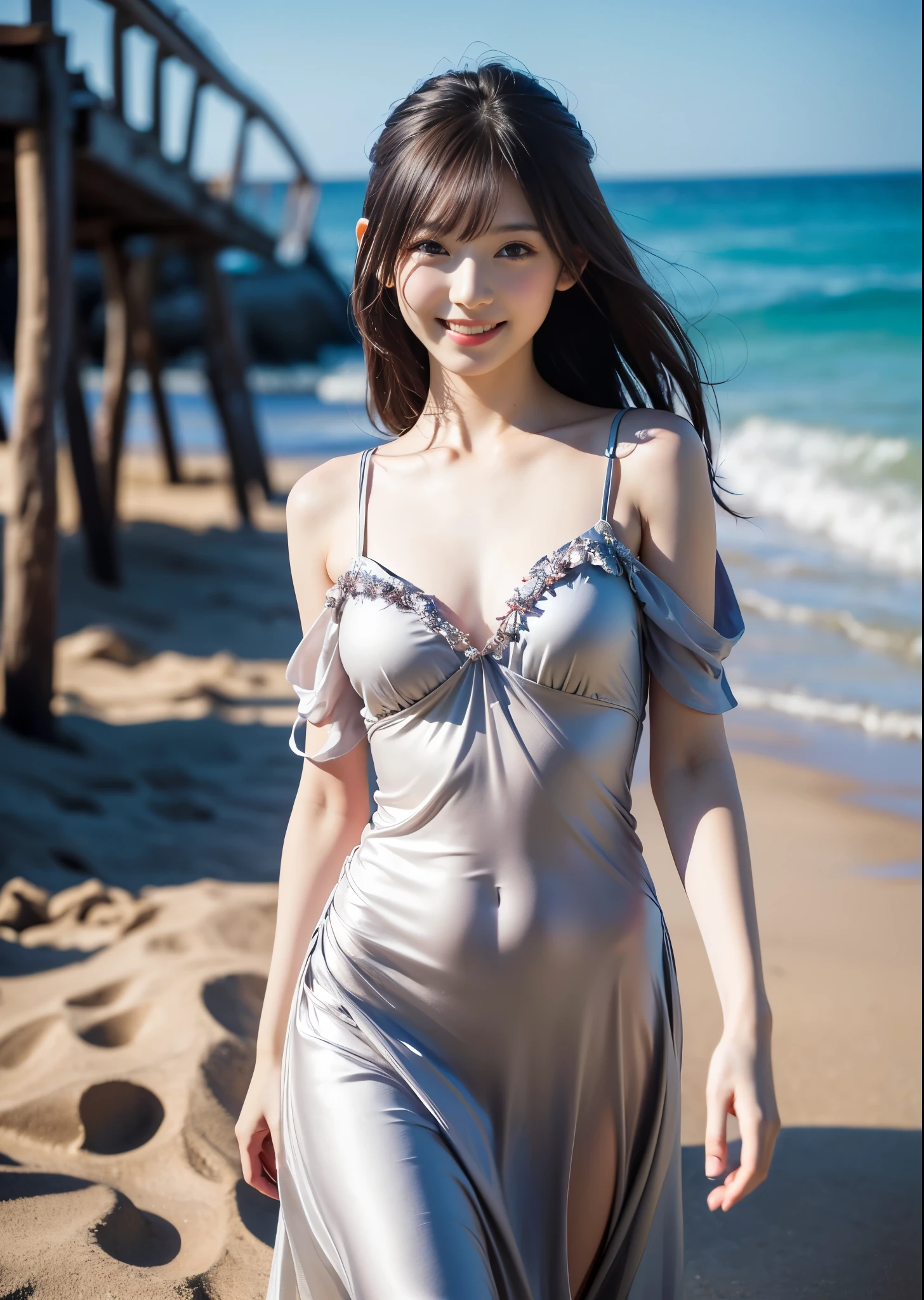 (masterpiece, highest quality, highest quality, Official Art, beautifully、mysterious:1.2), (A girl in a dress walking on the beach)、Smiling Girl、Big Eyes、Beautiful belly、Long silver hair with bangs、Very detailed,(Fractal Art:1.3)、Otherworldly background、Fractal Background、Perfect lighting、Sharp focus、High resolution、High resolution、High color rendering、High resolution