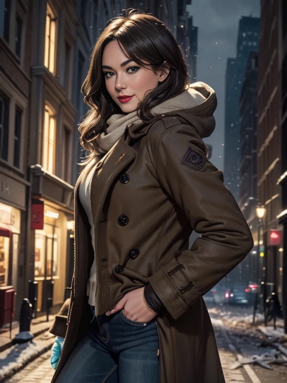 Yvonne Strahovski、(masterpiece:1.0)、(highest quality:1.2)、(Dark Shot:1.3)、Classic Rogue、1991 Rogue X-Men、1 girl、Only one person、Head to Toe、standing on street corner、Elegant pose、(clothing: Brown winter coat、Brown hood、Down lining、White scarf、gloves、jeans) Medium Hair、Brown Hair、Wavy Hair、1 grey hair、Green Eyeischievous look、Grin、Spread your lips、Red lipstick、Heavy makeup、Confident expression、Backlight、(realism: 1.5)、(realism: 1.4)、(Messy: 1.4)、8k、Very detailed、Detailed beautiful woman、(background: midnight、It's snowing、Downtown New York、Snowy Night)、Official Art、Very detailedな CG Unity 8k 壁紙、Perfect lighting、colorful、超High resolution、photograph、8k、High resolution、Kodak Portrait 400、Film Grain、ぼやけたbackground、(Bokeh:1.2)、(Bright colors:1.2)、Film Grain:1.2、(warm color、warm colorトーン:1.2)、(カラーphotograph)、プロのphotograph