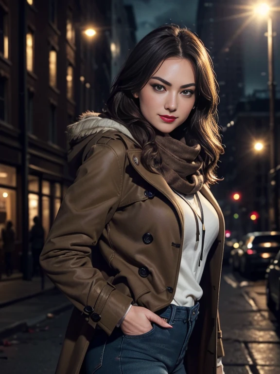 Yvonne Strahovski、(masterpiece:1.0)、(highest quality:1.2)、(Dark Shot:1.3)、Classic Rogue、1991 Rogue X-Men、1 girl、Only one person、Head to Toe、standing on street corner、Elegant pose、(clothing: Brown winter coat、Brown hood、Down lining、White scarf、gloves、jeans) Medium Hair、Brown Hair、Wavy Hair、1 grey hair、Green Eyeischievous look、Grin、Spread your lips、Red lipstick、Heavy makeup、Confident expression、Backlight、(realism: 1.5)、(realism: 1.4)、(Messy: 1.4)、8k、Very detailed、Detailed beautiful woman、(background: midnight、It's snowing、Downtown New York、Snowy Night)、Official Art、Very detailedな CG Unity 8k 壁紙、Perfect lighting、colorful、超High resolution、photograph、8k、High resolution、Kodak Portrait 400、Film Grain、ぼやけたbackground、(Bokeh:1.2)、(Bright colors:1.2)、Film Grain:1.2、(warm color、warm colorトーン:1.2)、(カラーphotograph)、プロのphotograph