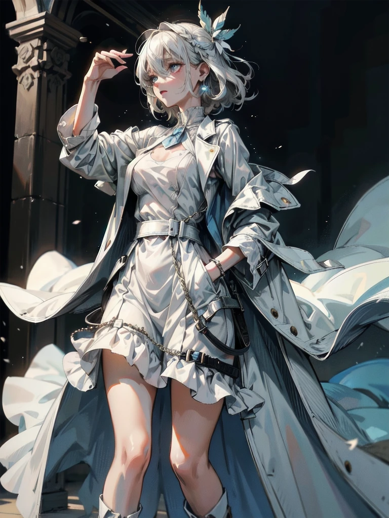 fluttery white dress, light blue trench coat, black boots, absurdres, RAW photo, extremely delicate and beautiful, masterpiece, Best Quality, ultra high resolution, 32k, hyperrealistic, ultra-detailed, perfect figure, tearful mole, earring, whole body shot, short medium hair, wavy hair,