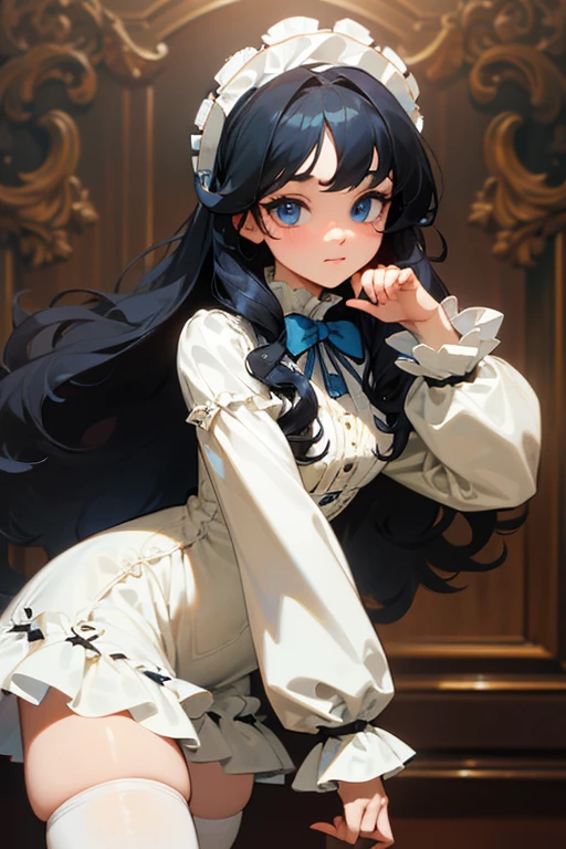 (masterpiece, best quality), warm lighting, blurry foreground, ((White ruff)), 1 girl, cowboy shot, ((victorian outfit)), (lolita attire), (((fluffy hair))), makeup, finely detailed, (best quality), (intricate details), ((Long jet black hair)), ((Hair is fluffy)), best quality, ((Puffy long sleeve dress)), (white ruff), ((Thigh high socks)), ((socks are white)), ((round eyes)), beautiful face, cute face, pinup, perfect face, (((blue eyes))), ((curly long hair)), ((Bratty smile, happy)), Dress is long, (((Bratty, teasing look, sassy)))