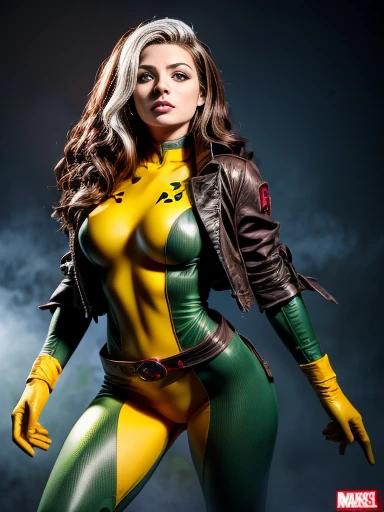 Kristin Kreuk、masterpiece、High quality 4K、villain (X-Men)、Gothic Girl、Sculpted Body Gothic Makeup、Brown jacket、Yellow and green bodysuit、masterpiece、highest quality、Cowboy Shots、one personの女の子、one person、Technology Military Bodysuit、fringe
