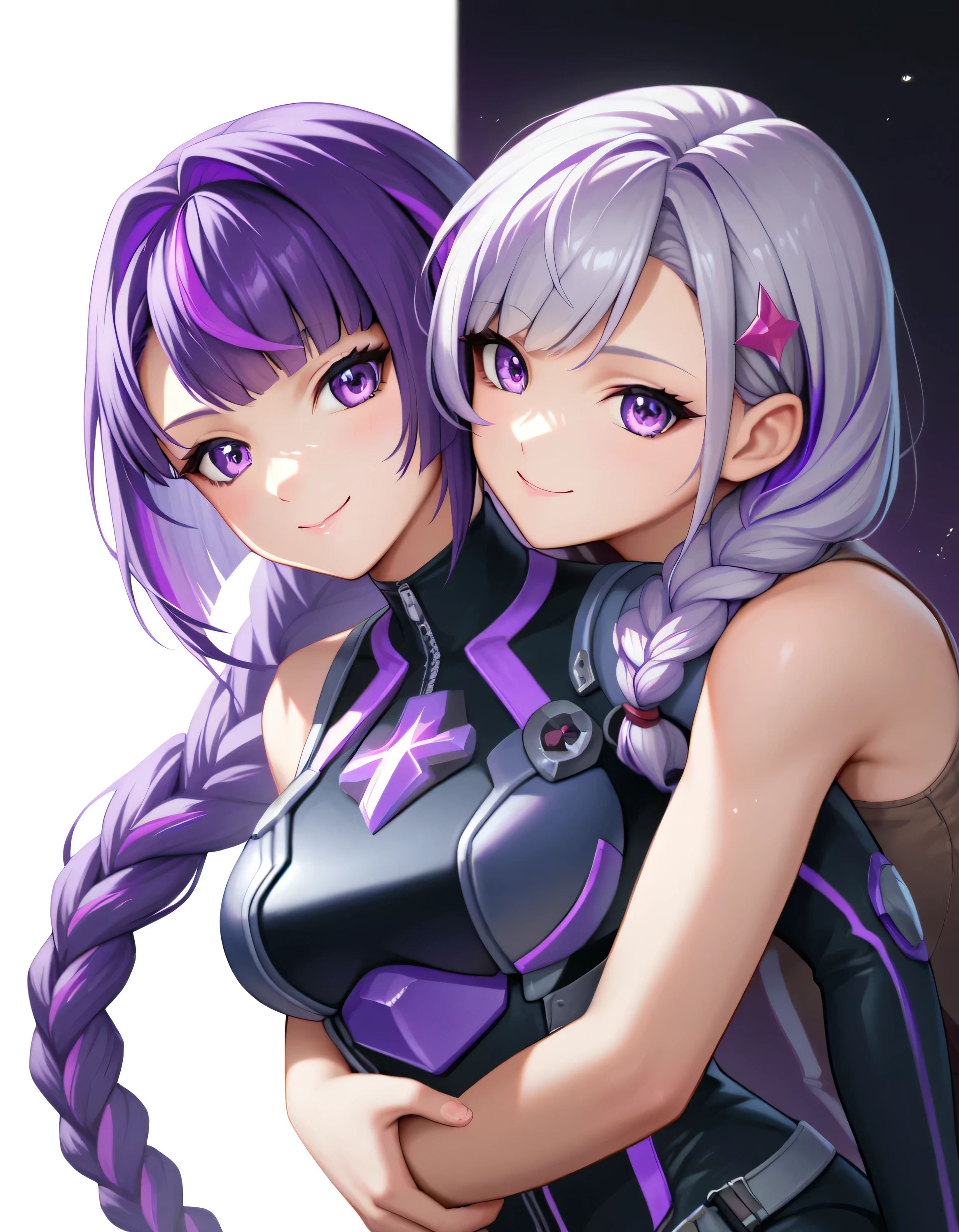 score_9, score_8_up, score_7_up, score_6_up, score_5_up, score_4_up, source_anime, rating_safe, (2girls, different girls), (purple streak), purple streak hair, purple hair, (purple eyes), well-aligned eyes, detailed face, very long hair, grey hair, braided ponytail, purple white gradient hair, two girls sitting, side by side, (wearing cyber suit), bare shoulders, breastplate, (energy disk on chest), (carrying, piggyback, on back, arms around neck), looking at you, better hands, perfect hands, detailed fingers, covered body: 1.1, colored cyber suit, (white and purple gradient hair, braided ponytail, hair ornaments, simple bangs, asymmetrical bangs), double eyelids, feeling happy, joy, kind, lips together, closed mouth, cute expression, low lighting, close pov view, anatomically correct, very intricate, high quality details, (simple background)