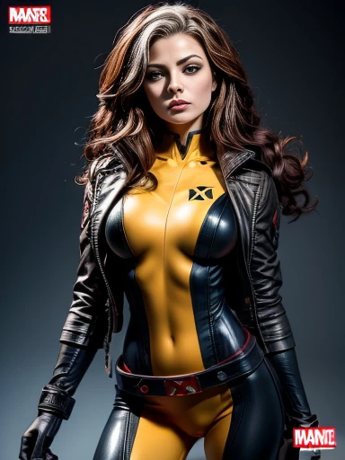 Kristin Kreuk、masterpiece、High quality 4K、villain (X-Men)、Gothic Girl、Sculpted Body Gothic Makeup、Black jacket、Red and blue bodysuit、masterpiece、highest quality、Cowboy Shots、one personの女の子、one person、Technology Military Bodysuit、fringe