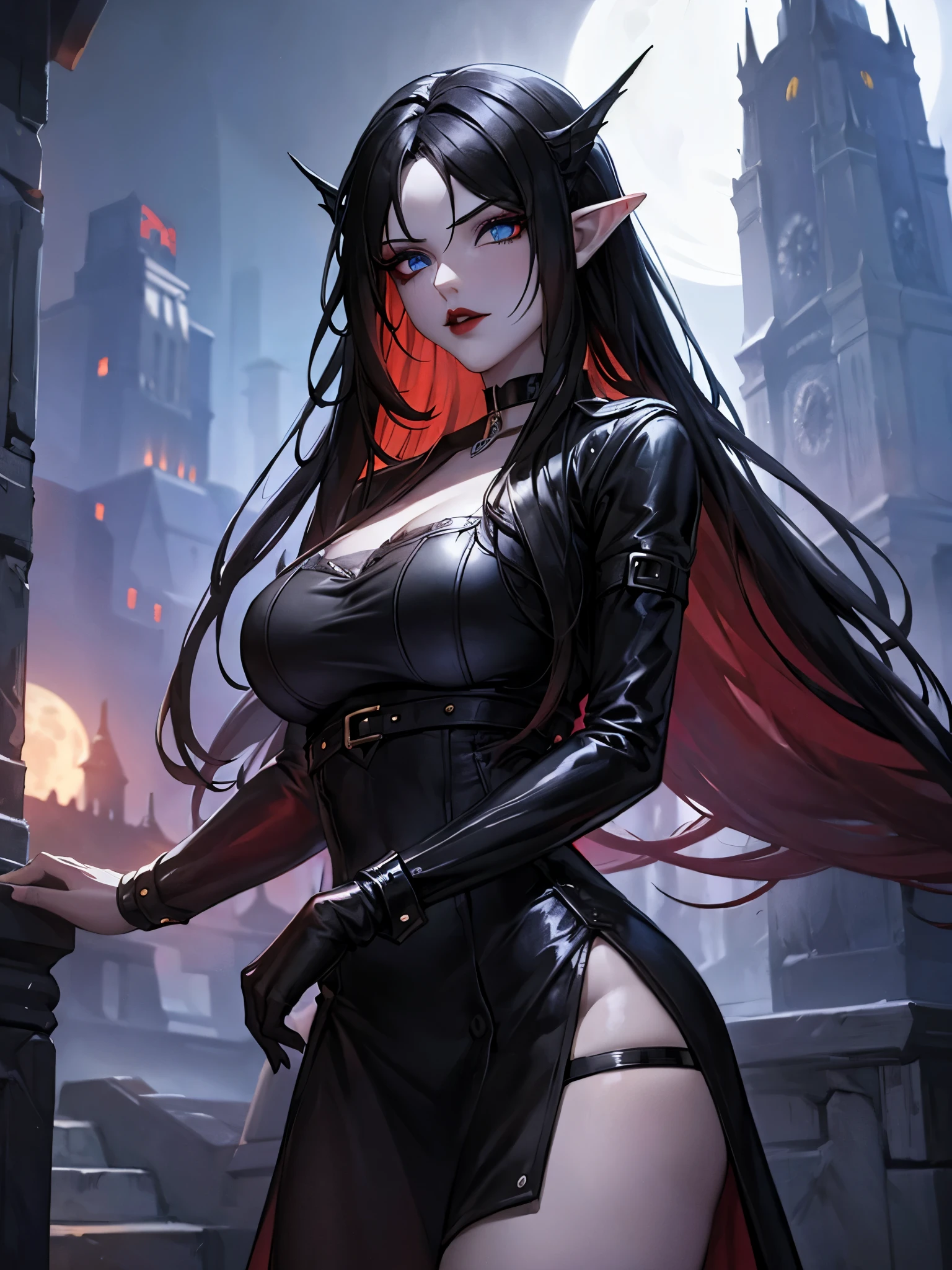 female elf, long black hair, blue eyes, black gothic choker, red jacket, black shirt, red lips, black makeup. A detailed eye. City at night background. full moon.