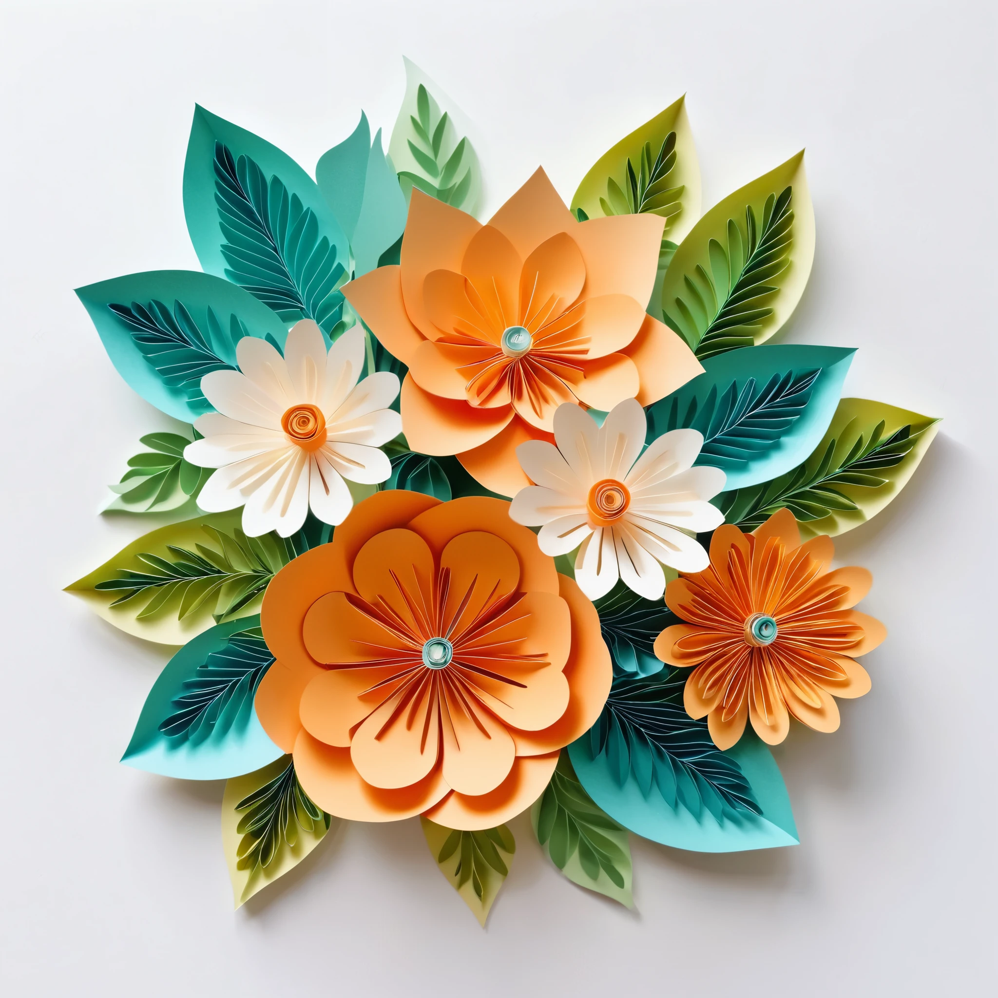 Design illustration of flowers bouquet, on a white background, centered in the scene, flowers with vegetation,frontal view, layeres paper design, kirigami style, detailed folds, color palette: light orange, bittersweet, Cerulean, verdigris and light yellow, natural light, masterful craft, intrincated,4k, sharp focus, perfect paperfold, white background