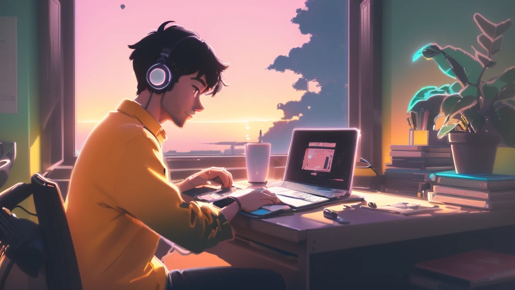 Cartoon of a man sitting at a desk with a laptop and headphones on, Lofi Artstyle, Lofi Art, Computer Aesthetics, Cyril Rolland and Goro Fujita, Inspired by Cyril Rolland, Watching the sunset. anime, Background artwork, Portrait of Rofi, Lo-fi art, Lo-fi illustration style, Robbie&#39;s Atmospheres, Robbie&#39;s Atmosphere