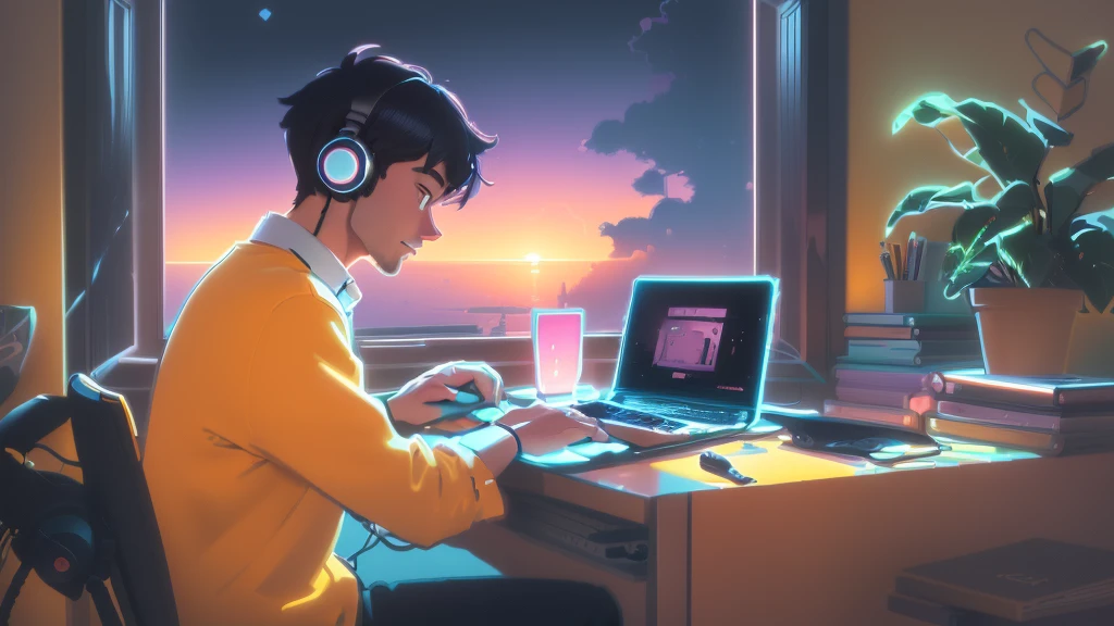 Cartoon of a man sitting at a desk with a laptop and headphones on, Lofi Artstyle, Lofi Art, Computer Aesthetics, Cyril Rolland and Goro Fujita, Inspired by Cyril Rolland, Watching the sunset. anime, Background artwork, Portrait of Rofi, Lo-fi art, Lo-fi illustration style, Robbie's Atmospheres, Robbie's Atmosphere