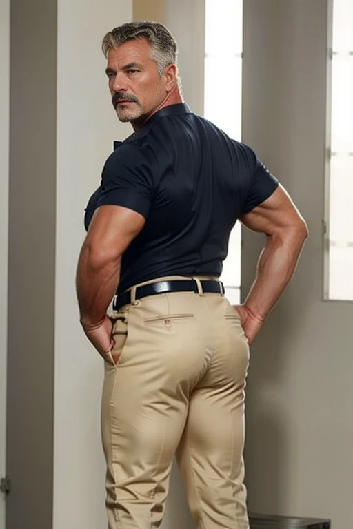 age 60, white man police detective with a mature, backside, kind demeanor, strong and muscular yet chubby build, mustache, wearing dress pants and a buttoned-open translucent shirt that reveals a hairy chest and a noticeable bulge, wearing detective badge on belt, giving off a hint of a horny yet disgusting aura, completing the look with comfortable loafers. Shirtless backside ((big butt)) gold trouser backside (bent over)