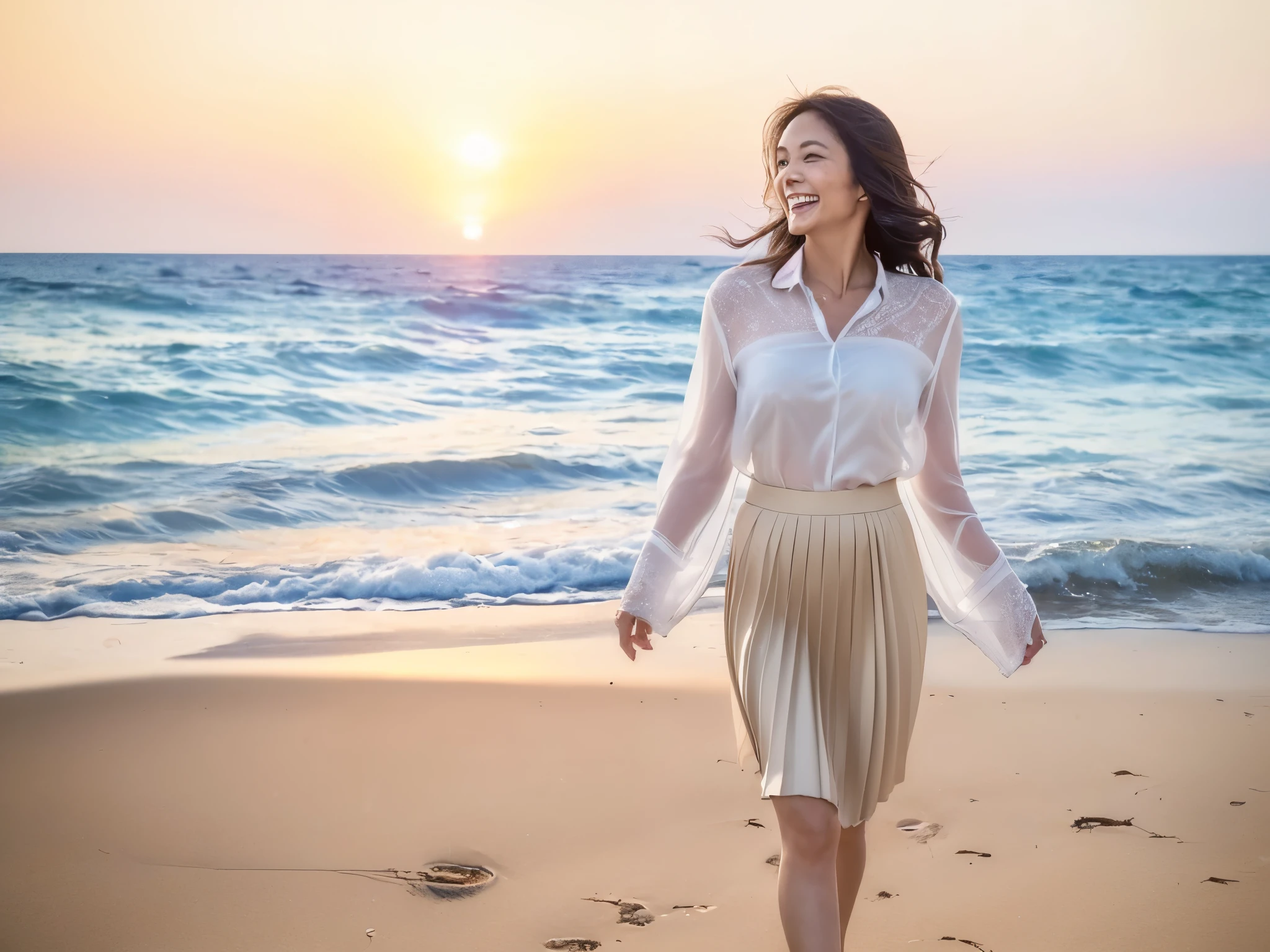 ((highest quality)), ((8k)), ((masterpiece: 1.3)), (Perfect appearance), (Photorealism: 1.6), (Japanese woman walking on the beach with the sunset in the background), (1 female: 1.4), (Sandy beach at sunset), (The sea dyed red by the sunset), (The setting sun is dazzling), (Backlight), (Blurred Background: 1.4), (日本人1 female: 1.4), (48 years old), ((Stand upright, Look forward, 画面の右端に写る1 female: 1.6)), ((Realistic skin texture)), (Fine wrinkles appear all over the skin: 1.3), (Dullness: 1.1), (Unmoisturized skin: 1.2) , (Facial wrinkles: 0.9), (Wrinkles around the eyes: 1.2), double eyelid, Lower eyelid tear trough, (Crying Mole: 0.9), The eyes are looking here, Serious look, (Dimples: 1.2), Laugh with the corners of your mouth wide open, Straight medium length, Hair blowing in the wind, Soft fabric blouse, (Transparent blouse: 1.3), (Voluptuous and glamorous body), (Wide sleeves), (Cuffs that fit your wrist), (The bottom of the blouse is tucked into the skirt: 1.2), (Pleated long skirt: 1.2), (Bare feet wet with seawater), (whole body: 1.3), Angle from the feet: 1.2,