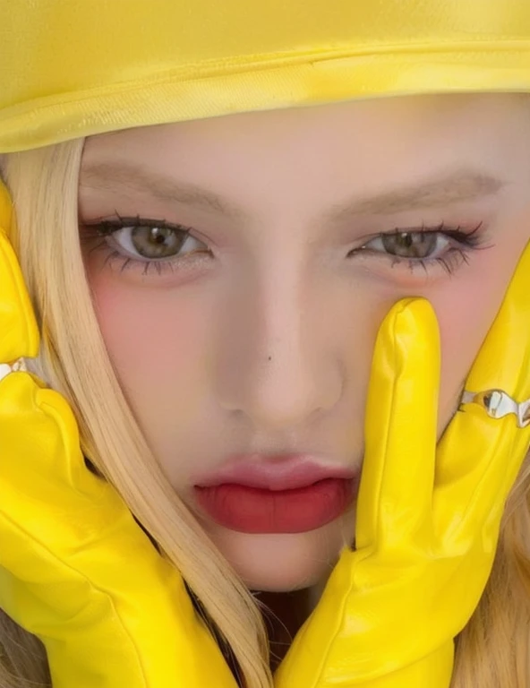 Mujer rubia con guantes amarillos y un sombrero amarillo posando para una foto., ava max, pupilas amarillas, portrait of jossi de blackpink, Los ojos son amarillos., 🐿🍸🍋, with yellow cloths, parque roseanne de blackpink, Lalisa Manobal, jossi de blackpink, maquillaje amarillo, jia, retrato de kim petras, ojos amarillos, imagen filtrada