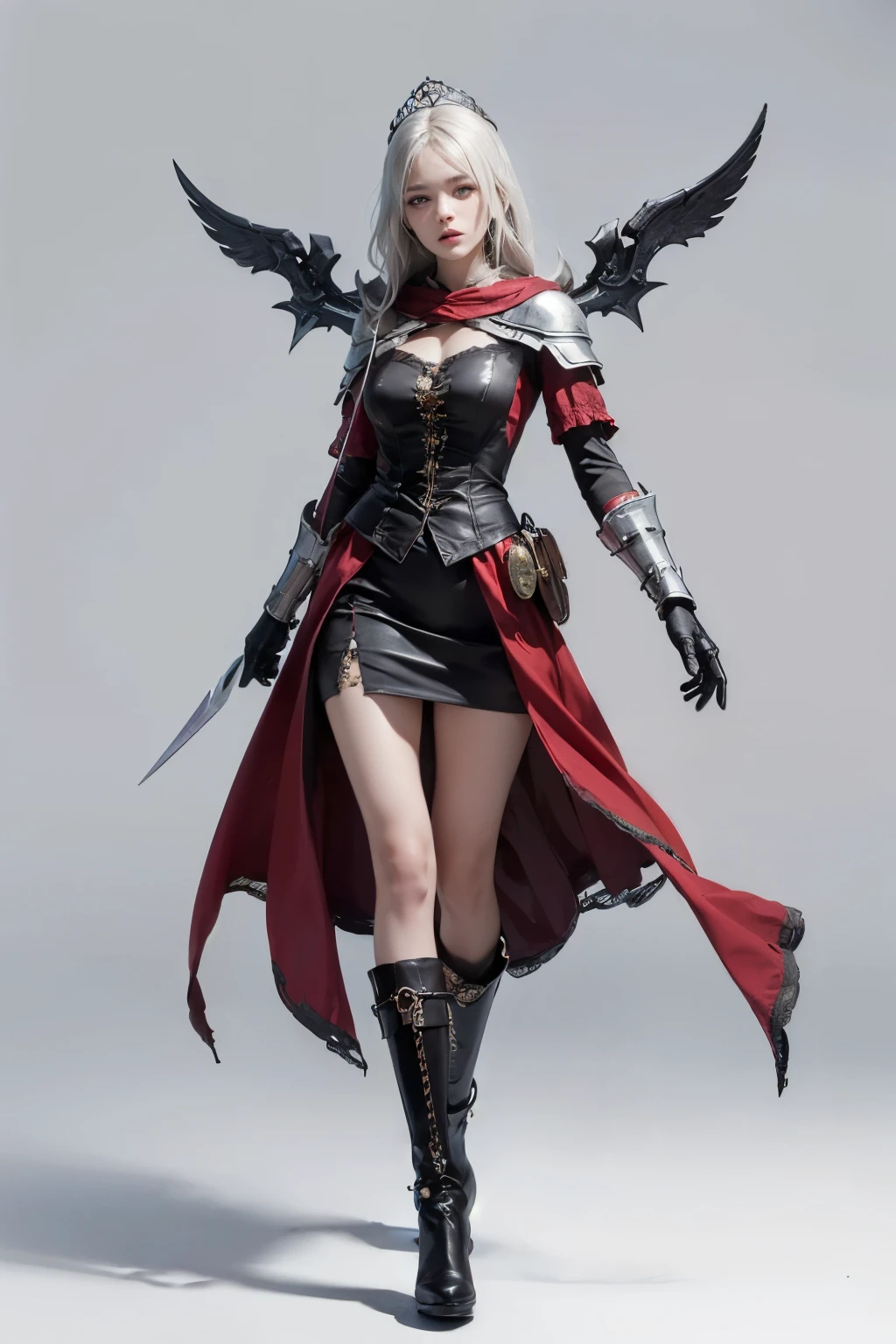 mpts
Copy
(((masutepiece, of the highest quality, super detailed))), a knight, white background, plain background, Bloodborne inspired, Bloodborne, occult aesthetic, occult, Complex mechanical cyborg girl, Skeleton body, red and white clothing detailed and intricate steampunk and detailed gothic lolita (with a hood), diadems, very thin long legs, Complex mechanical boots above the knee, Fluttering lace flared mini skirt, beautiful small breasts directed upwards, (((( Highly detailed face))), small thin nose, Small thin lips mouth, (((Very sharp focused eyes))), Very large slit precision pale grey eyes that shine like jewels. very long eyelashes, Silver hair swaying in the wind, Emitting a dazzling light in a mandala pattern, white background, Very dramatic and cinematic lighting, red and white clothing, full body, whole body, body, cosmic horror