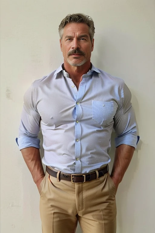 age 60, white man police detective with a mature, backside, kind demeanor, strong and muscular yet chubby build, mustache, wearing dress pants and a buttoned-open translucent shirt that reveals a hairy chest and a noticeable bulge, wearing detective badge on belt, giving off a hint of a horny yet disgusting aura, completing the look with comfortable loafers.  gold trouser