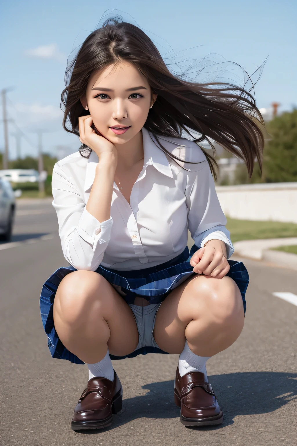 elegant, masterpiece, complicated, Realistic, highest quality, Absurd, detailed high face detail, Perfect Eyes, figure, detailed, Cute Bad Girl, The legs are off the frame, mini skirt, serafuku, Knee-high, loafers, squat, Hair blowing in the wind, Smooth Hair, Beautiful Hair, detailed hair, Messy Hair, short hair,Skirt Lift、Spread your legs