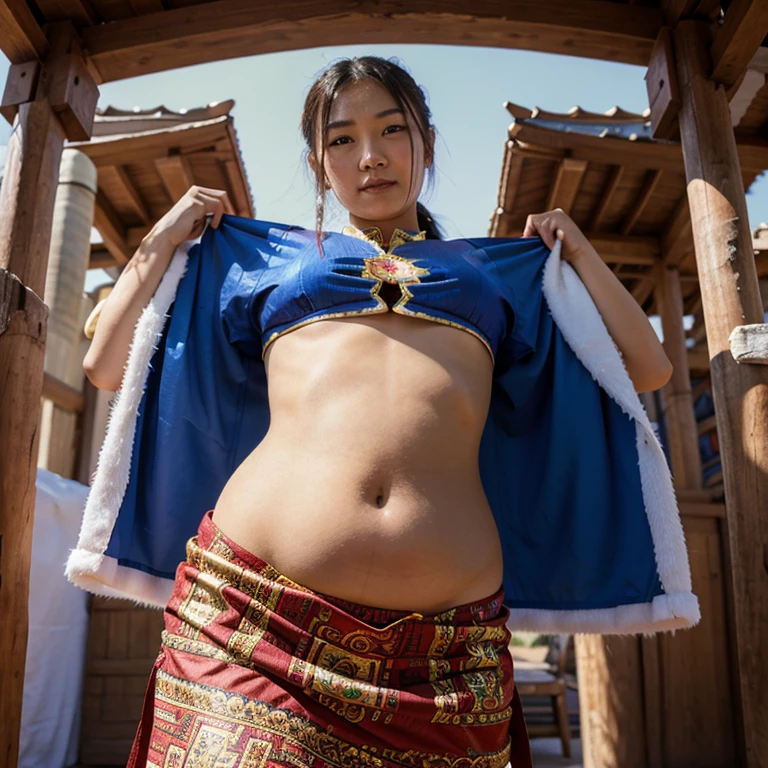 mongolian woman wearing traditional dress showing her belly