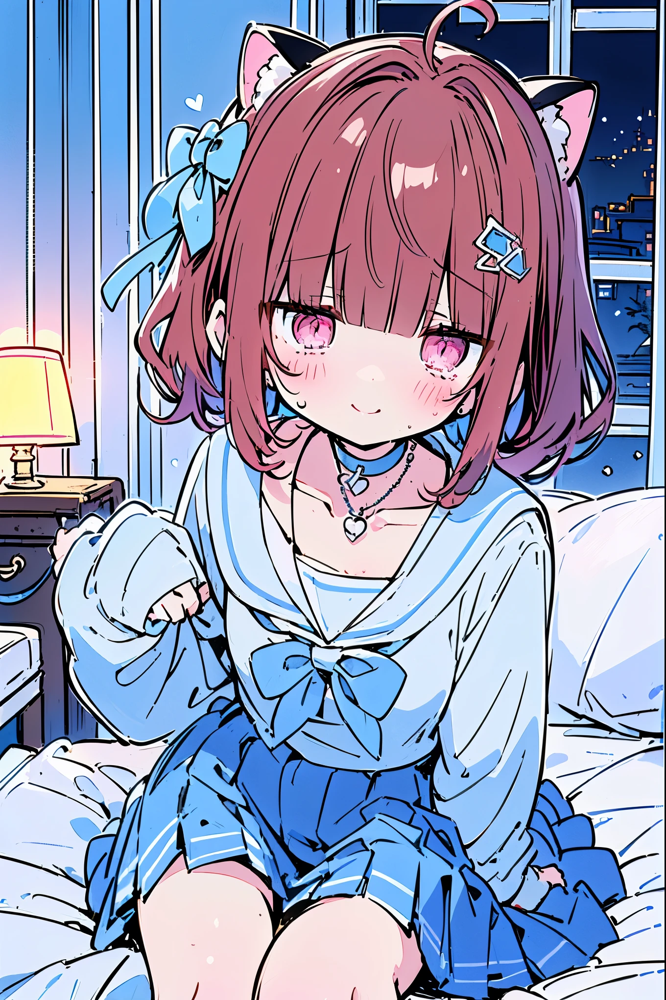 {{{{masterpiece}}}}, {{{Super detailed}}}, {{{high resolution}}},{{high resolution:1.3}}, {{good anatomy}}, (((best quality))), ((on the bed,indoor,blue theme,anime style,anime girl)),(((pink eyes,brown hair))),(big perfect eyes),((yandere,dark eyelash)),(((smart casual in pale blue color,collarbone,white school uniform, jewelry, choker,necklace,dark atmosphere,night time))), hairclip, {8k cg wallpaper}, {{illustration,zoom in,focus on face,close-up shot, looking out a window}},((ahoge|floating hair|blunt bangs|short hair|curly perm))smile,(1girl:1), bride,solo,alone,(Color difference:1.2),(yandere smile,evil smile,Dark circles),blushing,neat face,(medium breasts),((The details are complex、Shallow depth of field、weak lighting、a Canon EOS R5、50mm lens、f / 2.8、shot at 8k resolution))