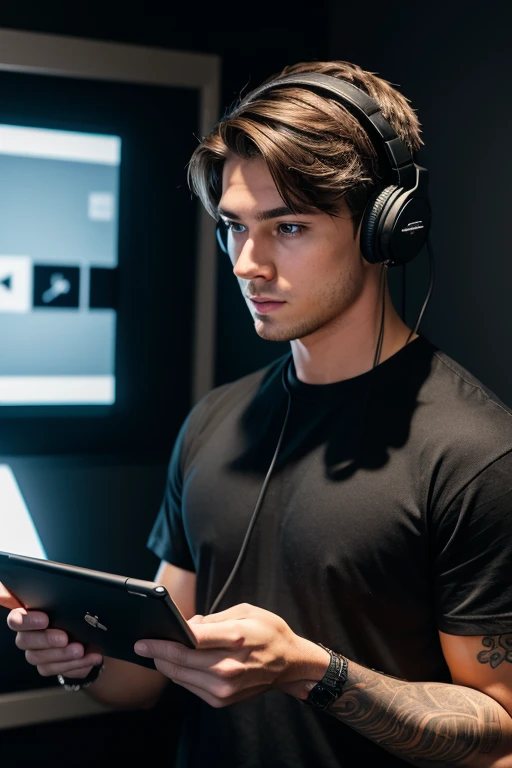 handsome male like a american, 22 years old wearing a black shirt clothes, sound table with headphones highly detailed, with tatto in right arm, innocent face, natural brushed up hair, hazel eyes, Handsome 1 people, 1 people handsome,  A hyper-realistic, playing on the ipad expression backstage talking with a young  people hiquality, Friends group, Nikon, Canon, Fujifilm, HD, 4K, 8k