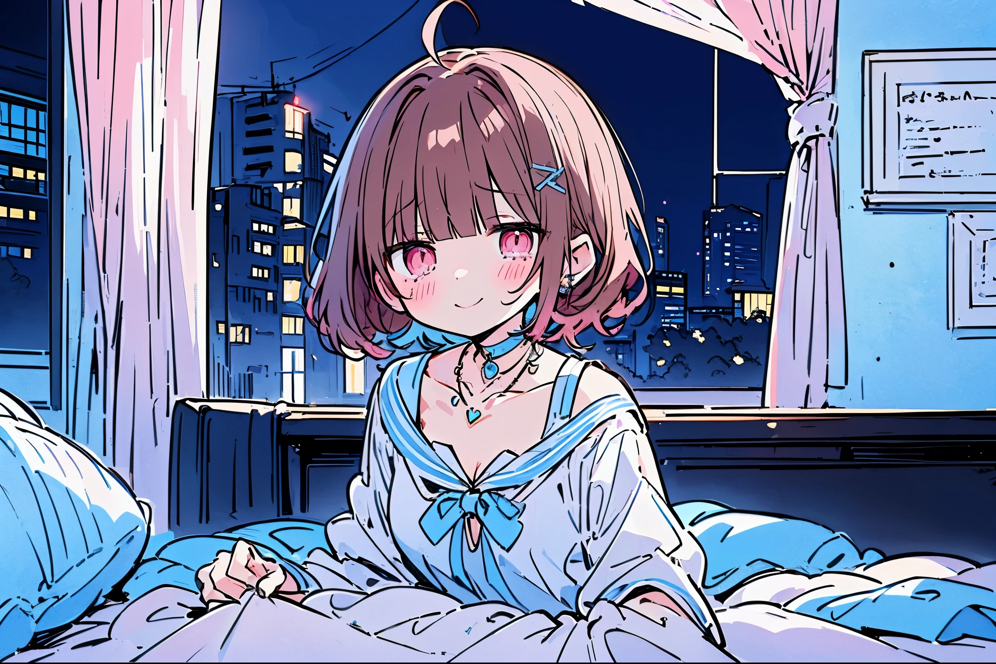 {{{{masterpiece}}}}, {{{Super detailed}}}, {{{high resolution}}},{{high resolution:1.3}}, {{good anatomy}}, (((best quality))), ((on the bed,indoor,blue theme,anime style,anime girl)),(((pink eyes,brown hair))),(big perfect eyes),((yandere,dark eyelash)),(((smart casual in pale blue color,collarbone,white dress, jewelry, choker,necklace,dark atmosphere,night time))), hairclip, {8k cg wallpaper}, {{illustration,zoom in,focus on face,close-up shot, looking out a window}},((ahoge|floating hair|blunt bangs|short hair|curly perm))smile,(1girl:1), bride,solo,alone,(Color difference:1.2),(yandere smile,evil smile,Dark circles),blushing,neat face,(medium breasts),((The details are complex、Shallow depth of field、weak lighting、a Canon EOS R5、50mm lens、f / 2.8、shot at 8k resolution))