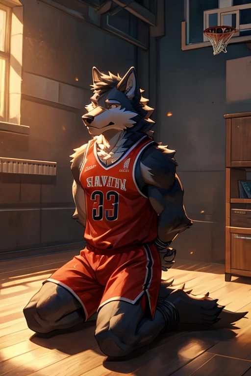 wolf, furry, alone, basketball uniform, gagged, hands tied behind his back, feet tied, sitting on the floor, torture, ball aside, ultra detailed