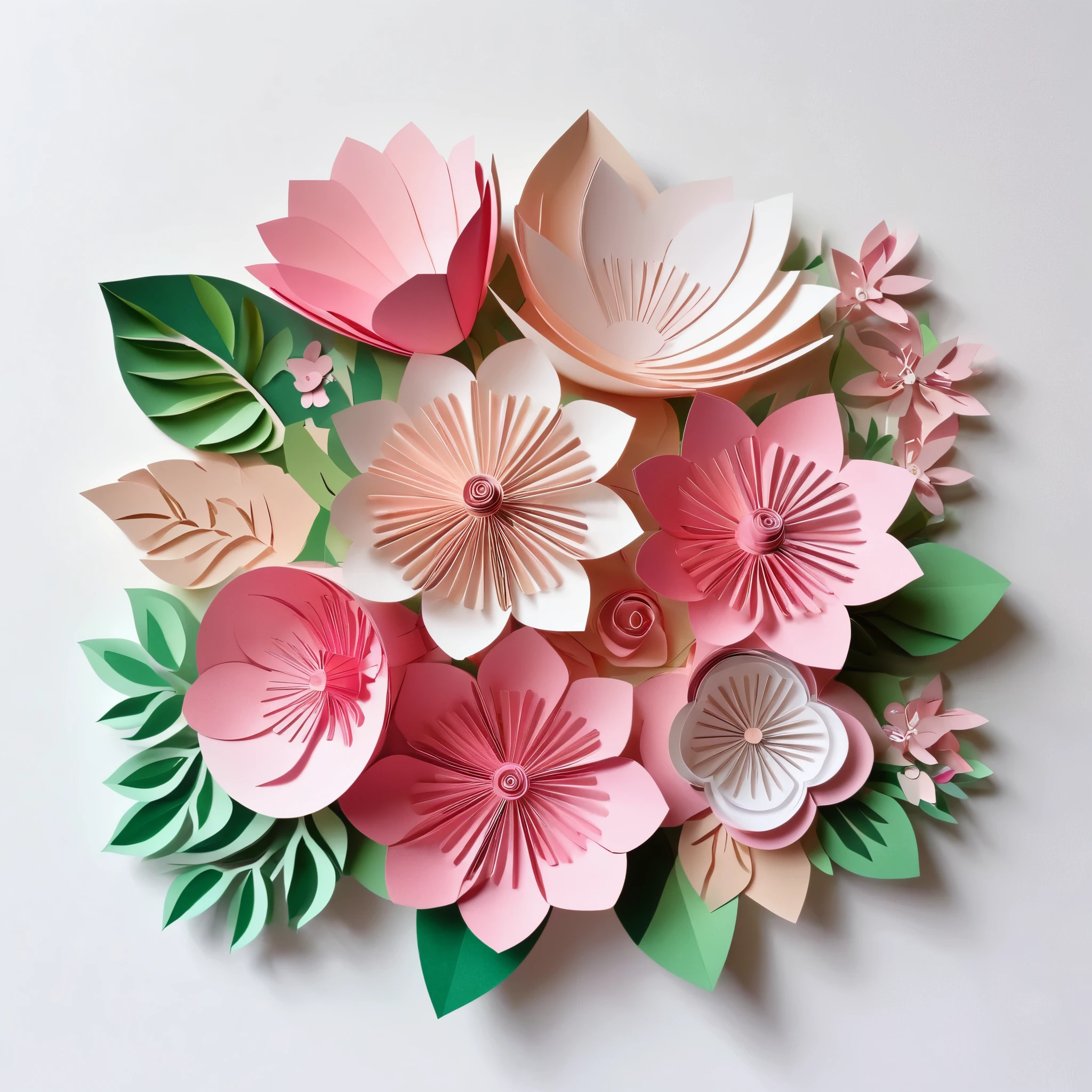 Design illustration of flowers bouquet, on a white background, centered in the scene, flowers with vegetation,frontal view, layeres paper design, kirigami style, detailed folds, color palette: Champagne pink, Pink, Cherry blossom pink, Mountbatten pink and Platinum, natural light, masterful craft, intrincated,4k, sharp focus, perfect paperfold, white background