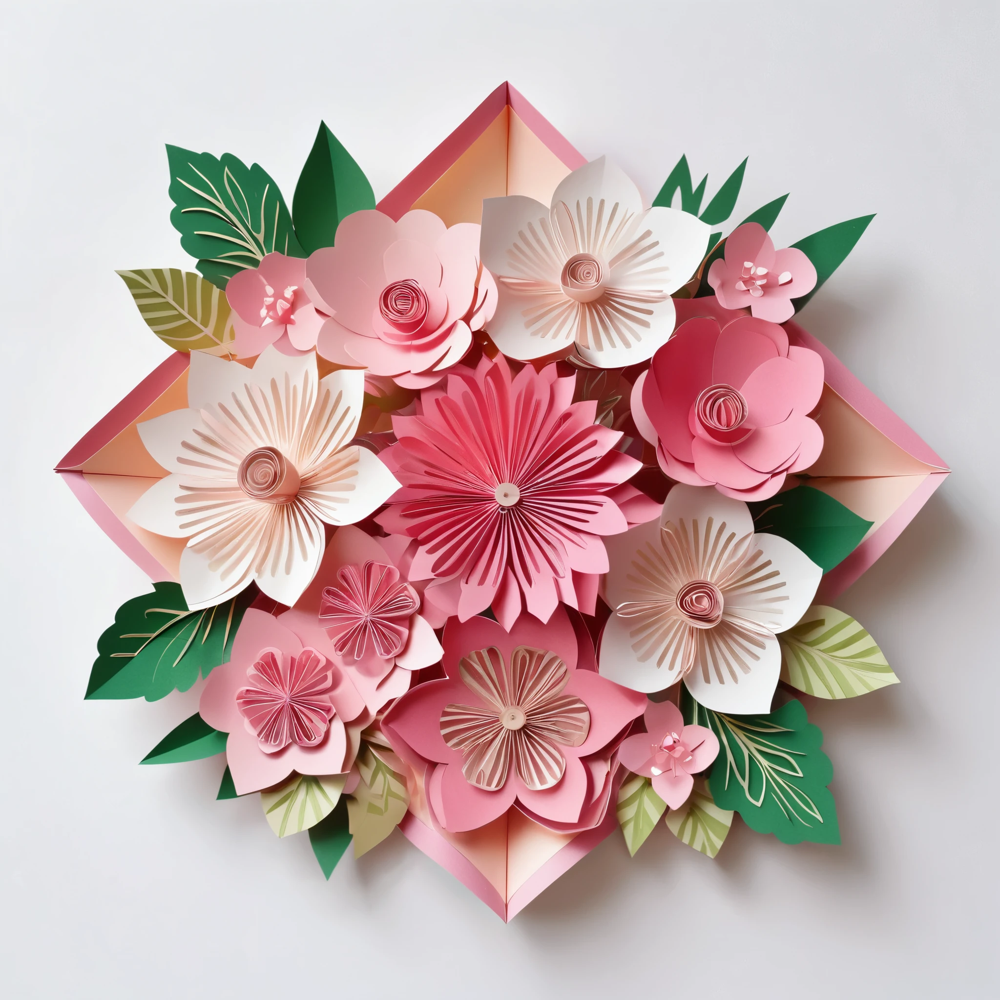 Design illustration of flowers bouquet, on a white background, centered in the scene, flowers with vegetation,frontal view, layeres paper design, kirigami style, detailed folds, color palette: Champagne pink, Pink, Cherry blossom pink, Mountbatten pink and Platinum, natural light, masterful craft, intrincated,4k, sharp focus, perfect paperfold, white background