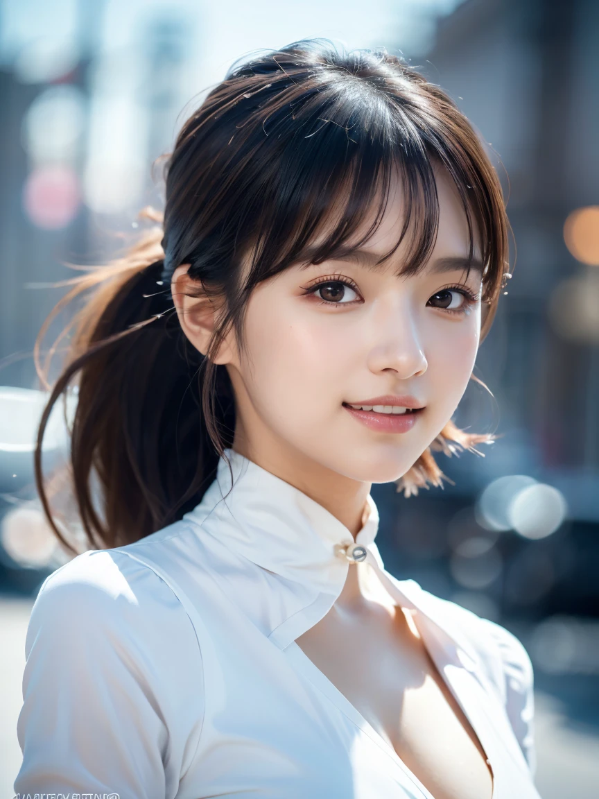 (masutepiece:1.3), (8K, Photorealistic, Raw photo, Best Quality: 1.4), Japanese, (1girl in), Beautiful face, (Realistic face), (Black hair), Beautiful hairstyle, Realistic eyes, Beautiful detailed eyes, (Realistic skin), Beautiful skin, Attractive, 超A high resolution, A hyper-realistic, Highly detailed, Golden ratio、 Show from the hips to the shoulders, Beautiful detailed skin, (Cute:1.2), (Black hair), ((JPOP Idol)), (upper thigh:0.6), (depth of fields),Soft light, Lens Glow, Looking at Viewer, (drooping eyes:1.2), Straight teeth,Smile, Floating hair, (a blond:1.2), Brown eyes, Movie Scene, Cinematic, fulcolor, 4K, 8K, 16 K, Raw photo, masutepiece, professionally color graded, Professional Photography, cleavage,High School Girl, Hair UP, Think,(Sweat,Sigh)1.2,(blush,Open mouth)1.3,soft clean focus, Realistic lighting and shading, (an extremely delicate and beautiful art)1.3, Elegant,Active Angle,Dynamism Pose, Photorealistic, (One pretty girl:1.1), hight resolution, ultraclear, Sharp Focus, ,Cosplay, slim, Sheer white cloth,White hair, High Ponytail, (Off-White Damask Long Sleeve Shirt Dress:1.3), (Thom Brown Design Dress:1.4), (hyper detailed background, Detail Background: 1.3), Bokeh, depth of fields, China City Street, No one in the background,(Skirt flipping、Pink panty:1.1)