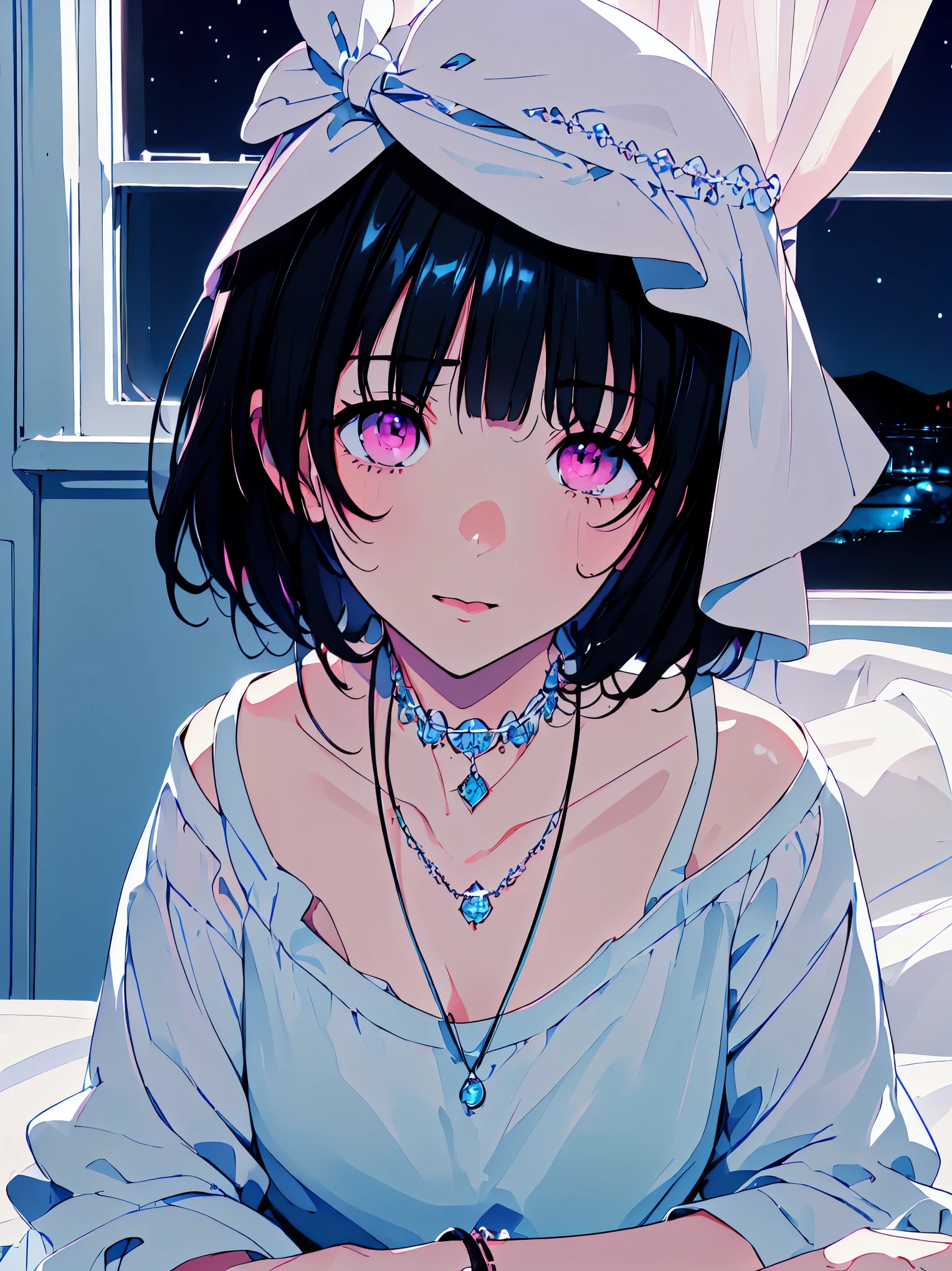 {{{{masterpiece}}}}, {{{Super detailed}}}, {{{high resolution}}},{{high resolution:1.3}}, {{good anatomy}}, (((best quality))), ((on the bed,indoor,blue theme,anime style,anime girl)),(((pink eyes,black hair streaked blue inside))),(big perfect eyes),((yandere,dark eyelash)),(((smart casual in pale blue color,collarbone,white dress, jewelry, choker,necklace,dark atmosphere,night time))), hairclip, {8k cg wallpaper}, {{illustration,zoom in,focus on face,close-up shot, looking out a window}},((floating hair|blunt bangs|short hair|curly perm))smile,(1girl:1), bride,solo,alone,(Color difference:1.2),emotionless,blushing,neat face,(medium breasts),((The details are complex、Shallow depth of field、weak lighting、a Canon EOS R5、50mm lens、f / 2.8、shot at 8k resolution))