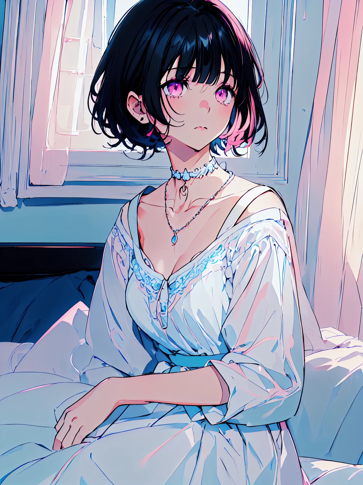 {{{{masterpiece}}}}, {{{Super detailed}}}, {{{high resolution}}},{{high resolution:1.3}}, {{good anatomy}}, (((best quality))), ((on the bed,indoor,blue theme,anime style,anime girl)),(((pink eyes,black hair streaked blue inside))),(big perfect eyes),((yandere,dark eyelash)),(((smart casual in pale blue color,collarbone,white dress, jewelry, choker,necklace,dark atmosphere,night time))), hairclip, {8k cg wallpaper}, {{illustration,zoom in,focus on face,close-up shot, looking out a window}},((floating hair|blunt bangs|short hair|curly perm))smile,(1girl:1), bride,solo,alone,(Color difference:1.2),emotionless,blushing,neat face,(medium breasts),((The details are complex、Shallow depth of field、weak lighting、a Canon EOS R5、50mm lens、f / 2.8、shot at 8k resolution))