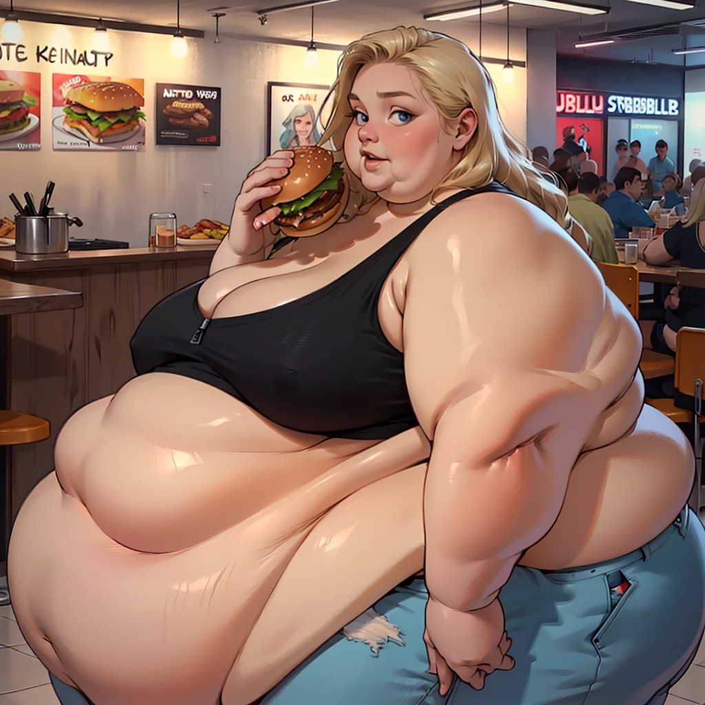 (masterpiece, best quality, highres, detailed, realistic:1.2), young american woman, USSBBW, (morbidly obese, fatblob:1.7), (gigantic belly:1.3), (detailed face, beautiful face:1.2), high aesthetic, unzipped hot pants, streched ripped tanktop, long wavy blonde hair, blue eyes, eating a huge burger, burger joint, from side